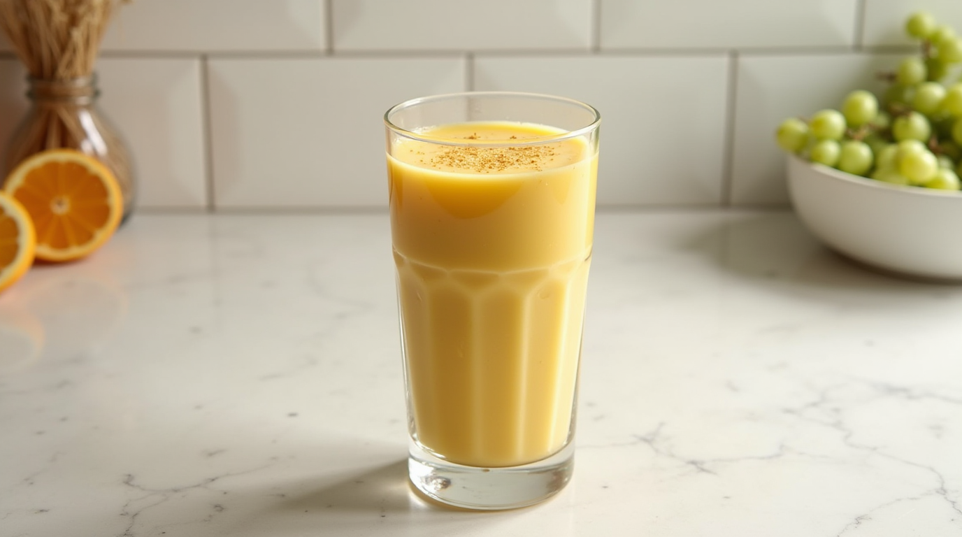 A golden bee pollen smoothie served in a clear glass on a white marble surface with bee pollen sprinkled on top.