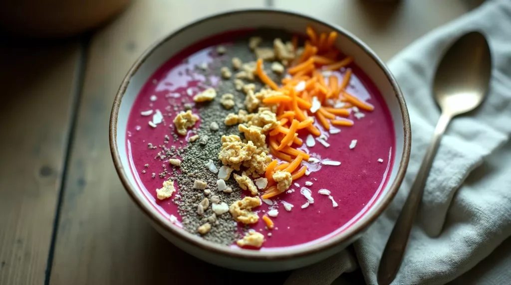 Smoothie bowl made with beets and carrots topped with granola and seeds