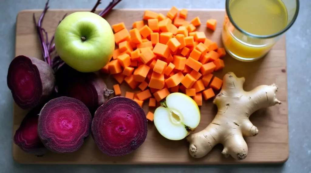 Raw beets, carrots, apple, and ginger laid out for smoothie
