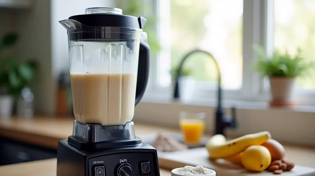 Blender in motion blending banana, almond milk, and collagen powder