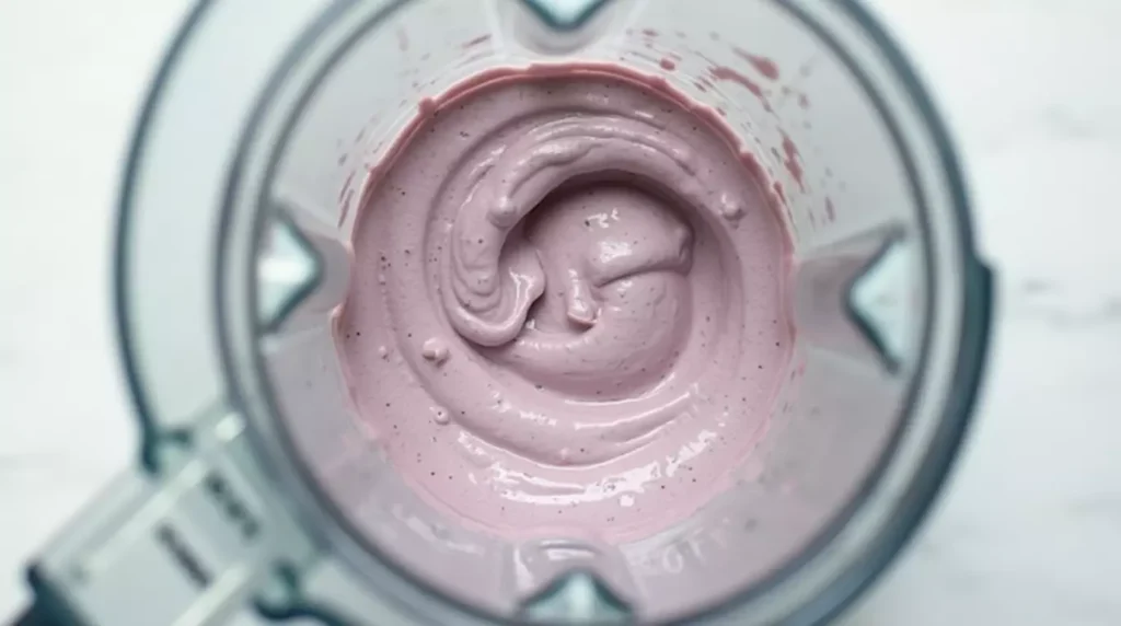 Taro and milk in a blender halfway through blending