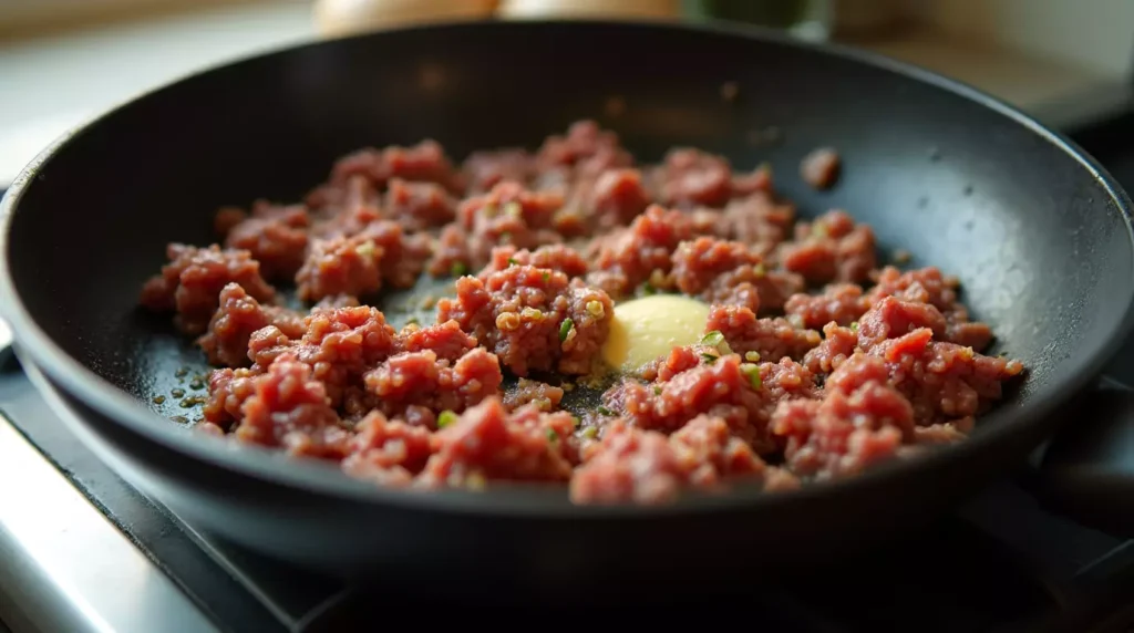 Ground beef cooking in a skillet with garlic and butter for rotini pasta