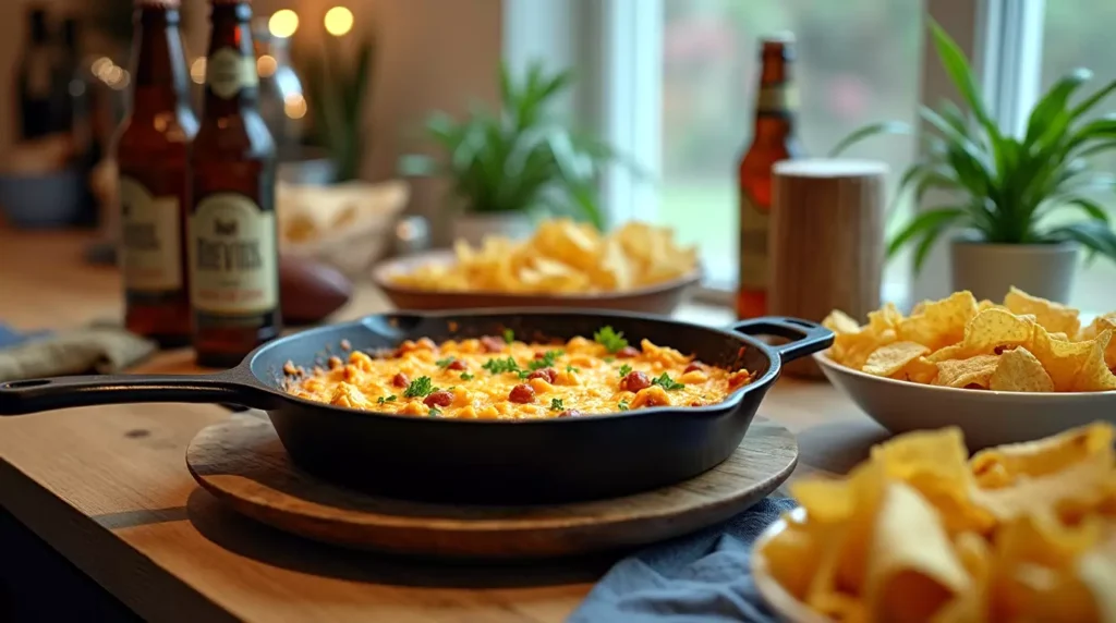 A kitchen counter with a party spread including hot sausage beer cheese dip, chips, and drinks