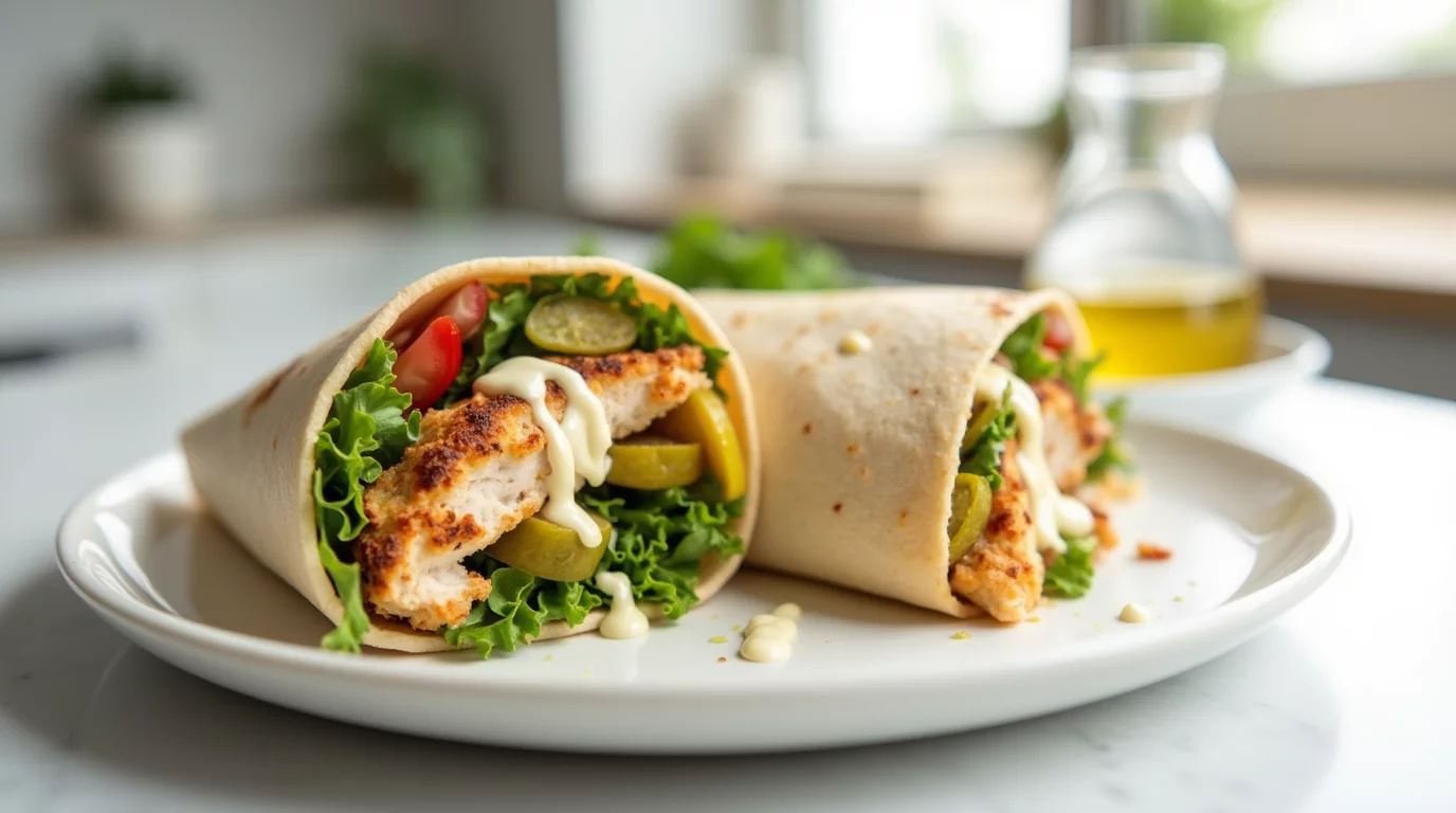 Freshly made chicken shawarma wrap filled with juicy chicken, creamy garlic sauce, and fresh vegetables