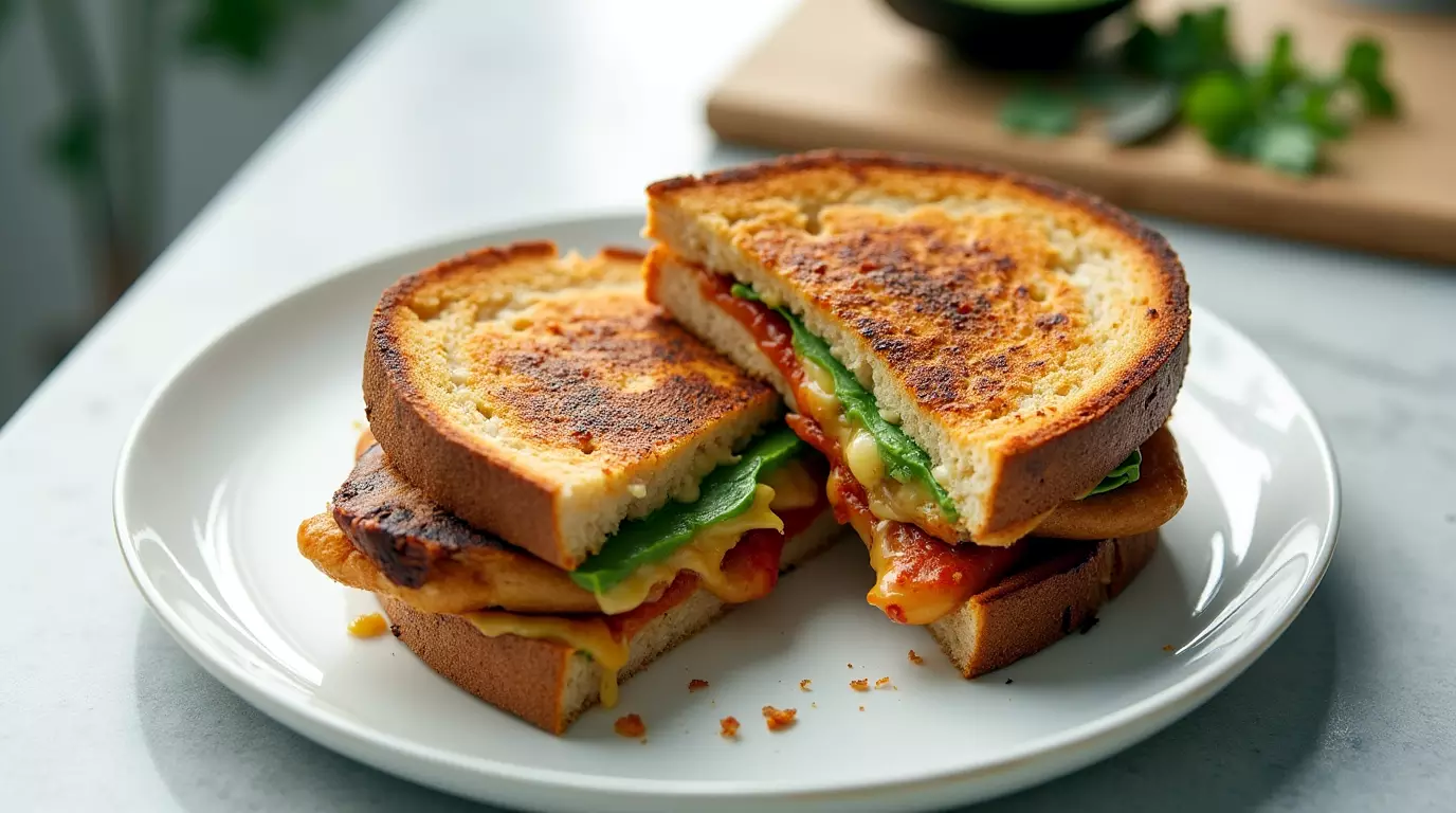 Toasted chipotle chicken sandwich sliced in half on a white plate