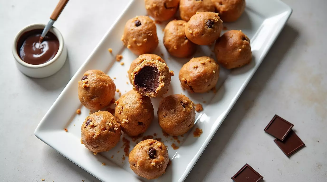 Chocolate stuffed pretzel bites with melted chocolate on a tray