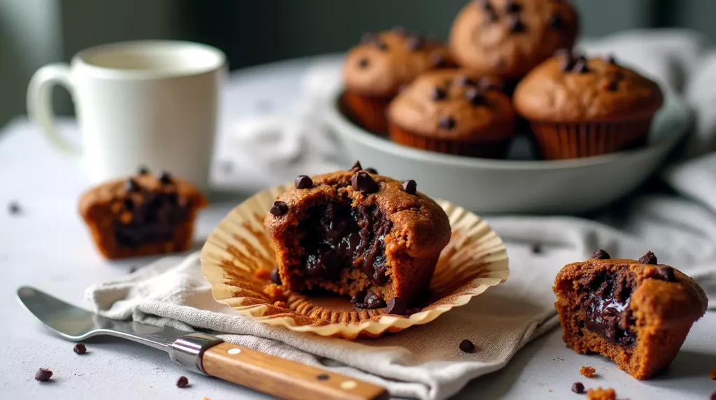 Muffins on a breakfast table with coffee and napkin