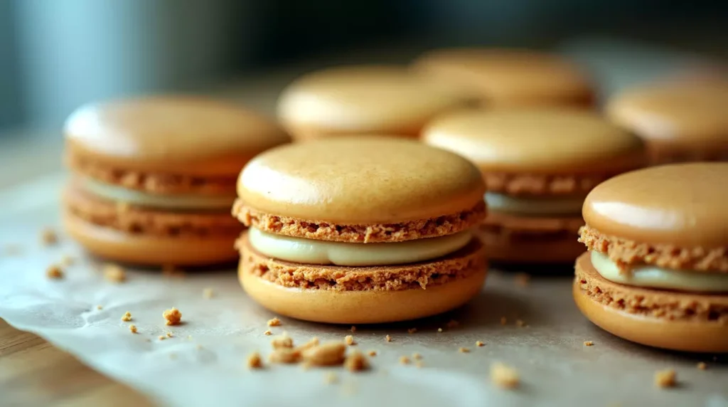 Close-up of creamy fall flavored macarons filled with spiced and sweet fillings