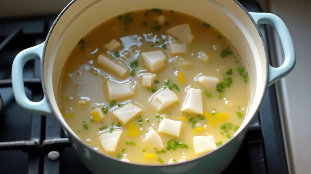 A pot of coconut lime fish soup simmering with herbs and chunks of fish visible