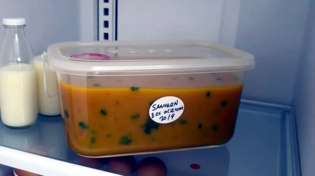 Glass container of coconut lime fish soup stored in a refrigerator