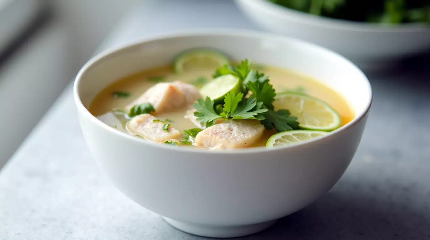 A bowl of coconut lime fish soup with cilantro and lime wedge on a kitchen counter