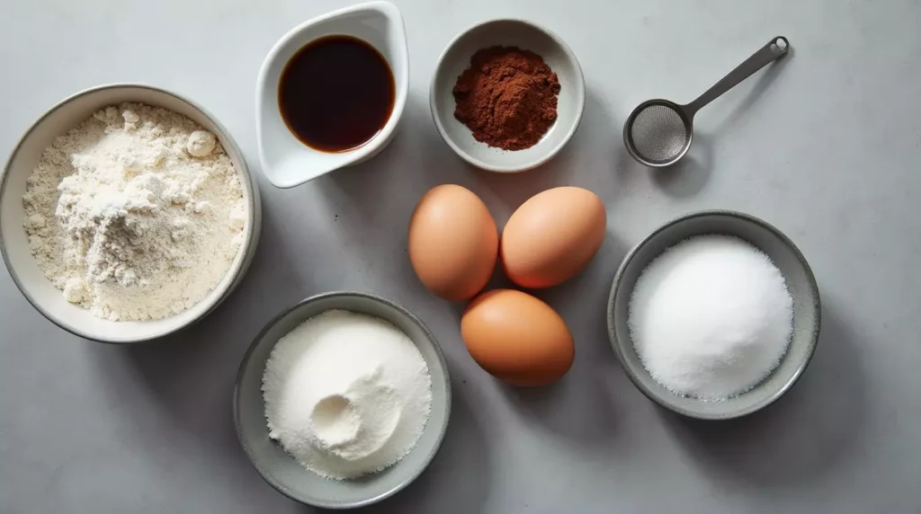 Espresso shot, cocoa, flour, eggs, and sugar arranged in modern bowls on a grey surface