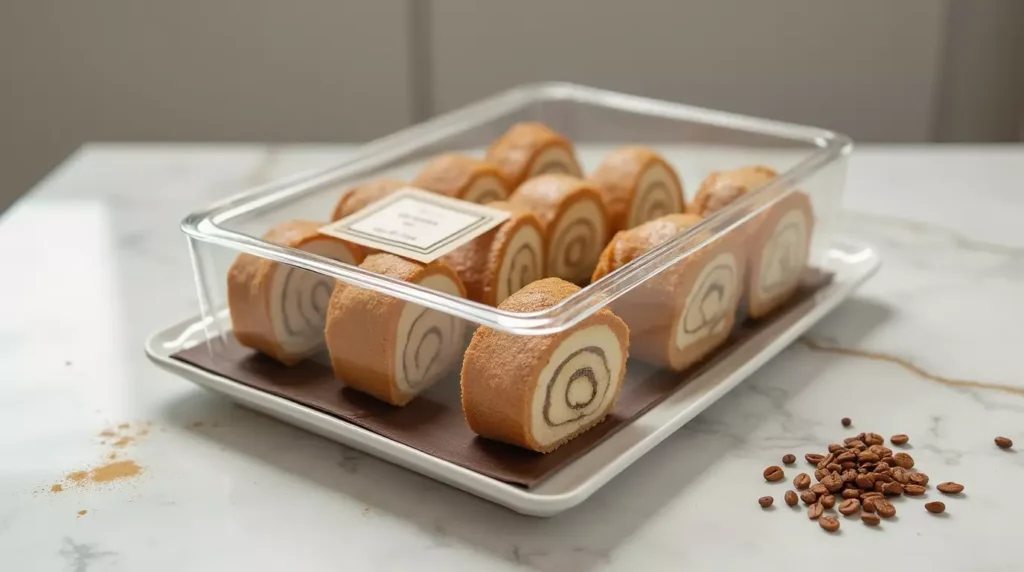 Neatly sliced coffee roll cake stored in a clear glass container on a stone surface