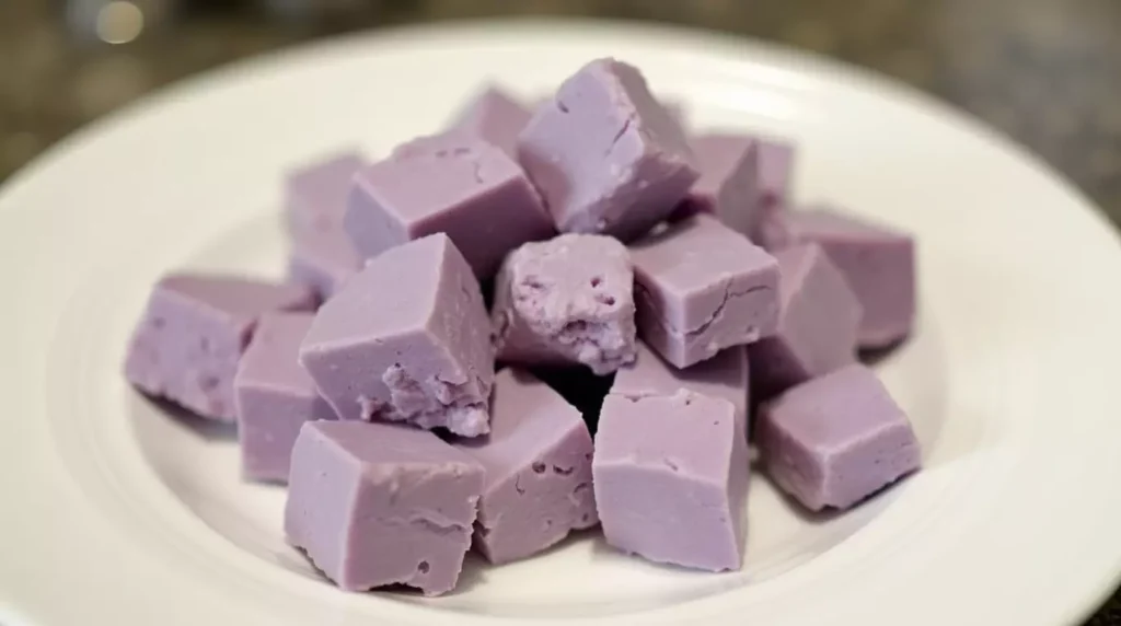Steamed taro chunks cooling on a plate