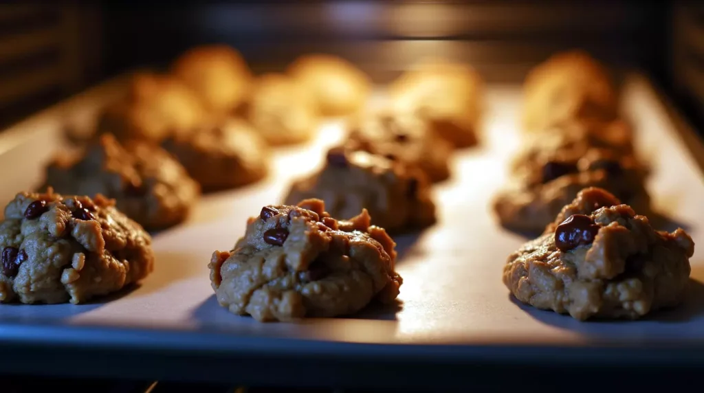 Banana nutella oatmeal cookie dough baking and rising in oven