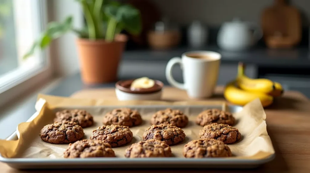 Fresh banana nutella oatmeal cookies with a cup of coffee and banana slices