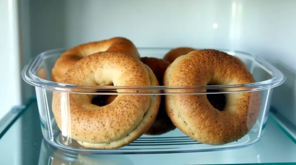 Almond flour and cottage cheese bagels stored in a clear airtight container inside a modern refrigerator.