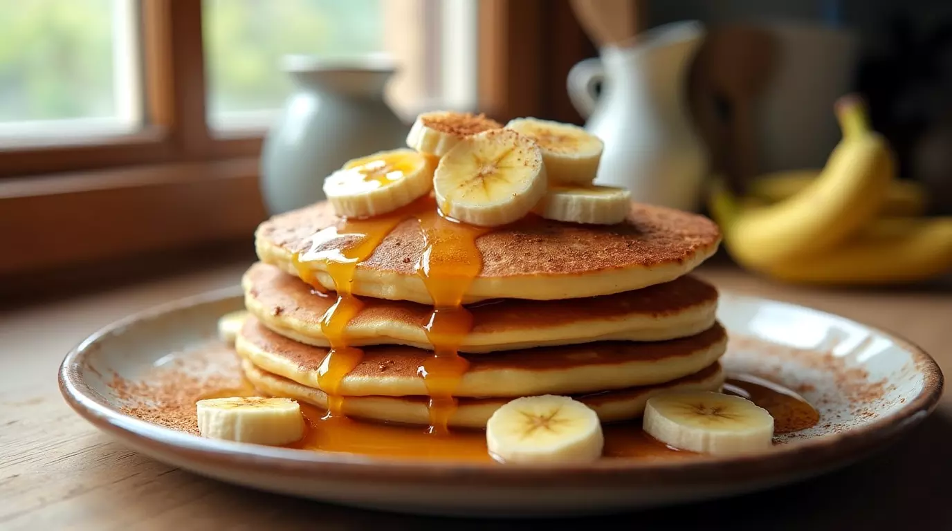Stack of fluffy cottage cheese egg and banana pancakes with banana slices and syrup