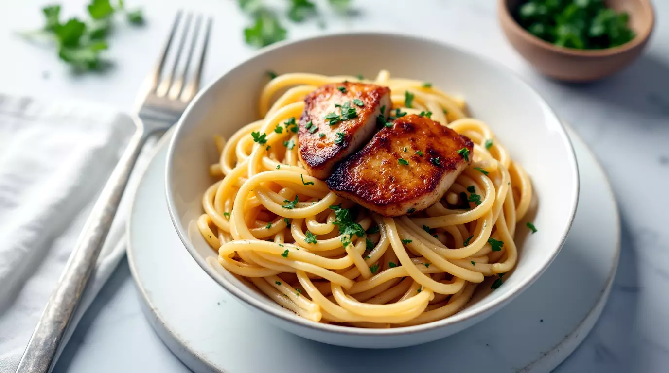 Overhead view of cowboy butter chicken pasta served in a white bowl