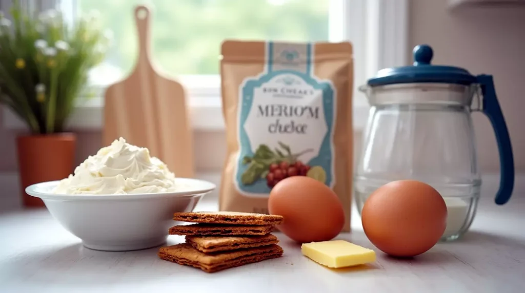 Cream cheese, eggs, tea bags, sugar, and butter laid out on a kitchen counter