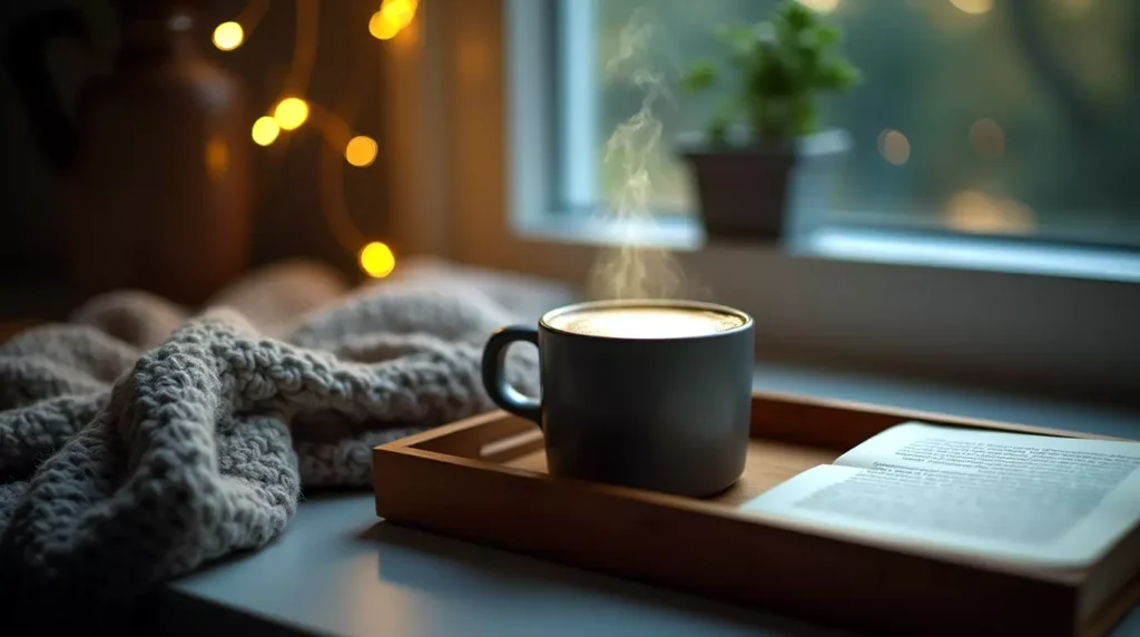 Cozy kitchen counter with a mug of hot strawberry matcha latte and soft evening lighting