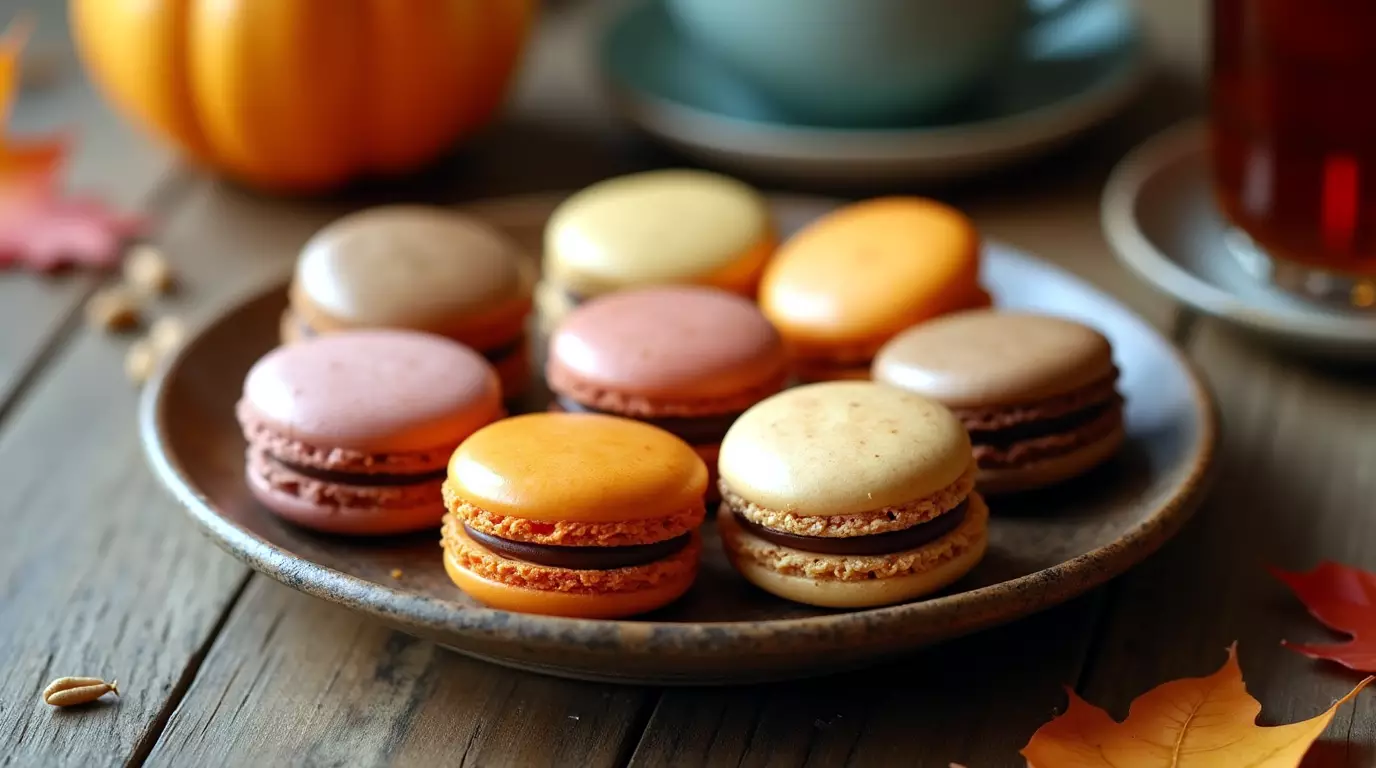 Assorted fall flavored macarons on a rustic plate with cozy fall kitchen decor