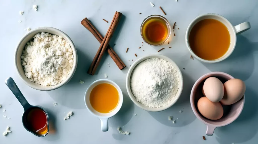 Fall flavored macaron ingredients arranged on a counter with spices and eggs