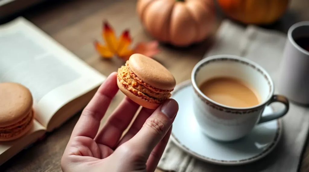 Hand holding a fall flavored macaron with a hot coffee cup in natural morning light