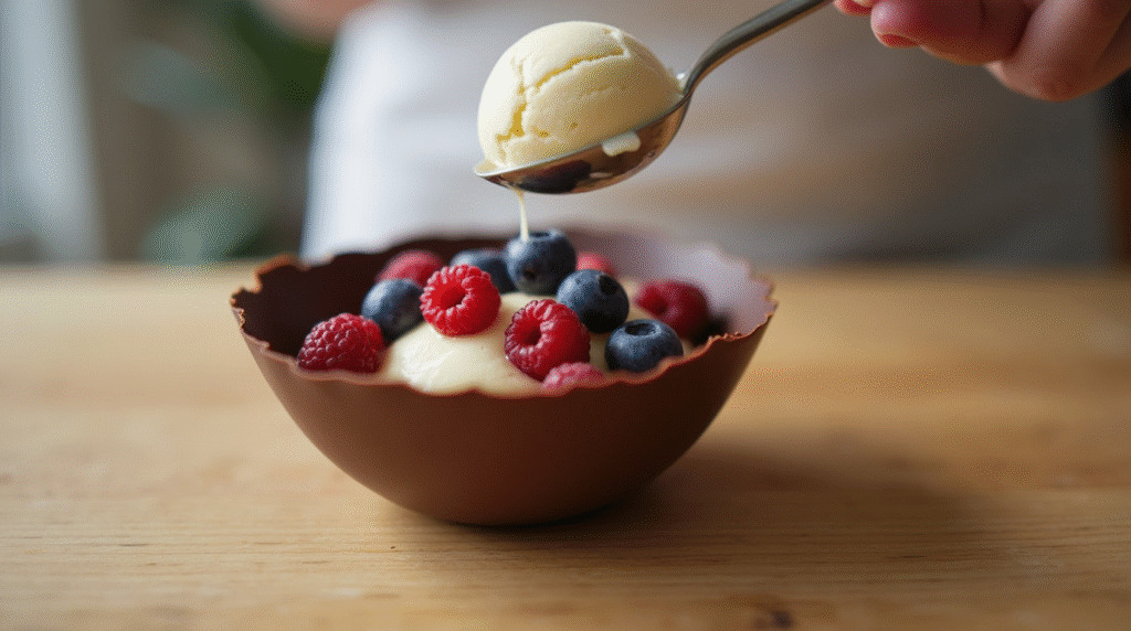 Vanilla ice cream and berries being added into a chocolate shell