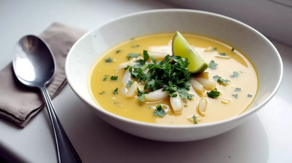 Coconut lime fish soup served in a bowl with chopped cilantro and lime wedge