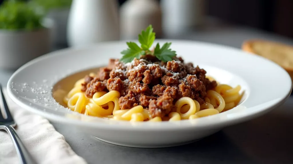Close-up of creamy garlic parmesan rotini with ground beef in a white bowl