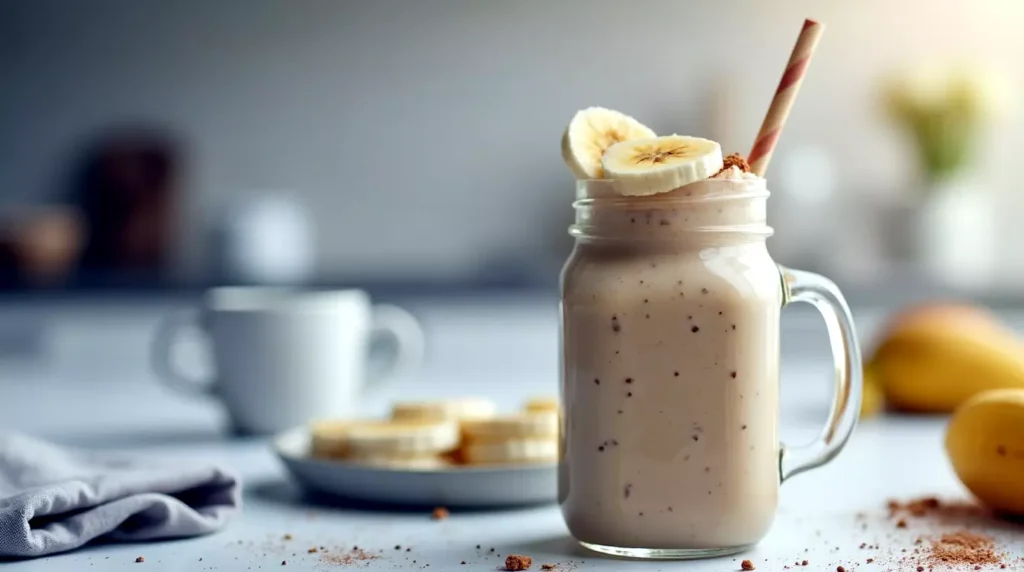 Banana collagen smoothie served in mason jar topped with banana and cinnamon
