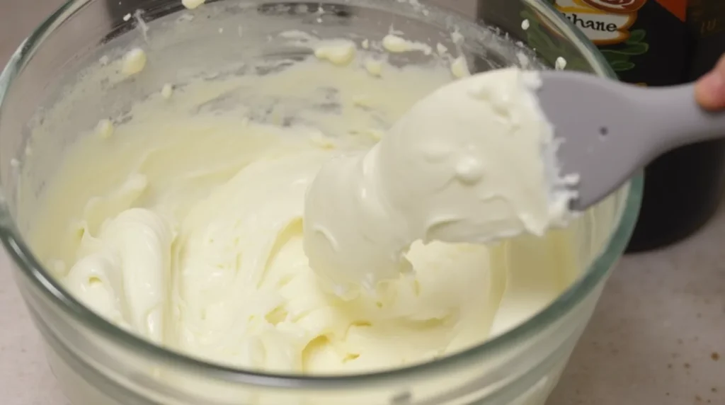 Folding whipped cream into Baileys and white chocolate in a mixing bowl