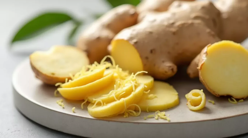 Peeled and unpeeled ginger root with grated curls on a modern white plate