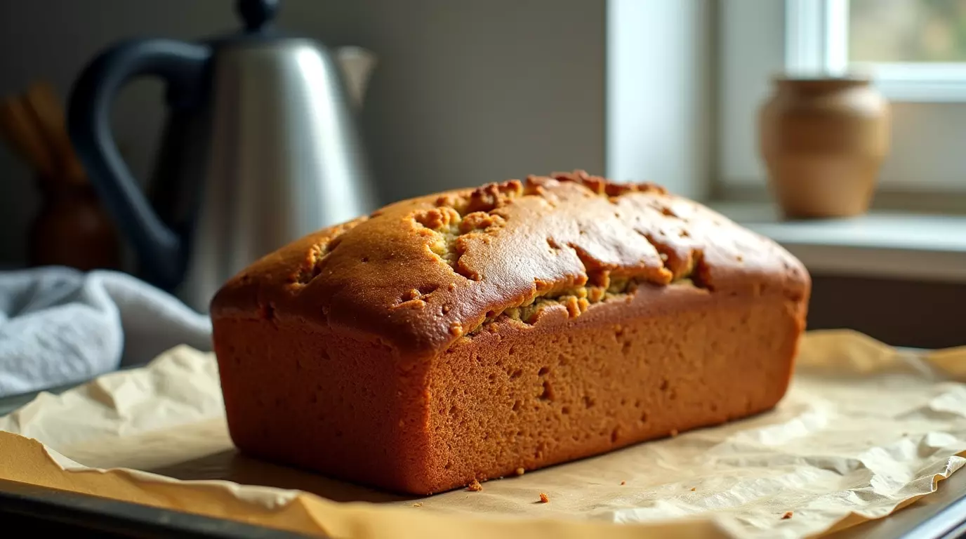 Homemade gingerbread honey loaf cooling on a baking tray in a cozy kitchen