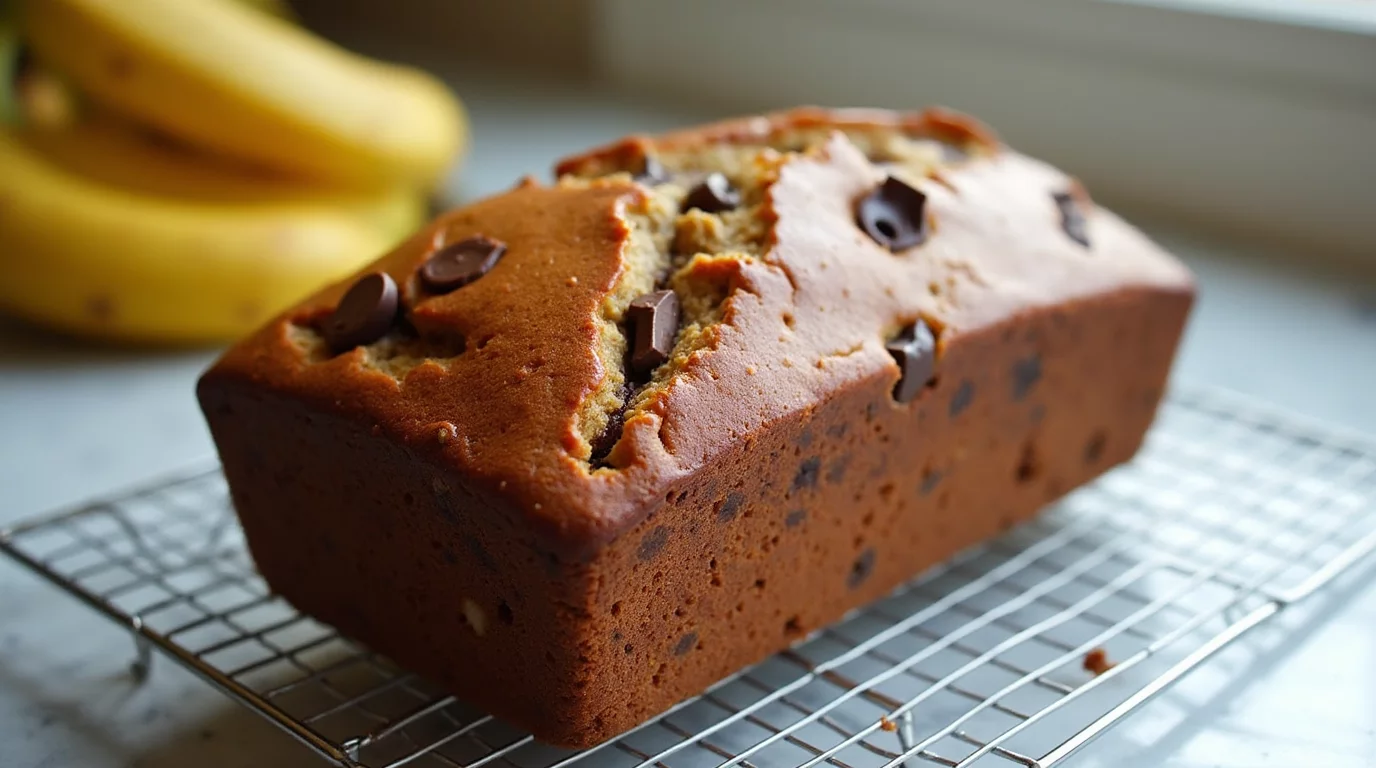 Freshly baked Reese’s peanut butter banana bread cooling on a wire rack in a home kitchen