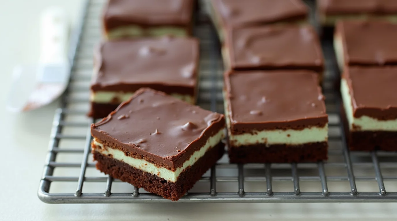 Thin mint brownies cooling on a rack in a home kitchen