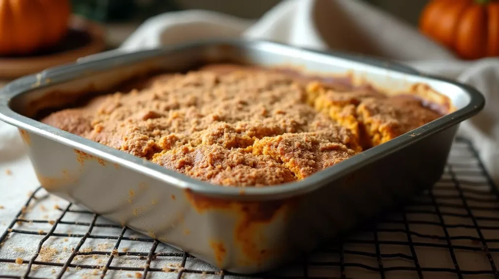 Keto coffee cake with golden cinnamon crumb cooling in the pan