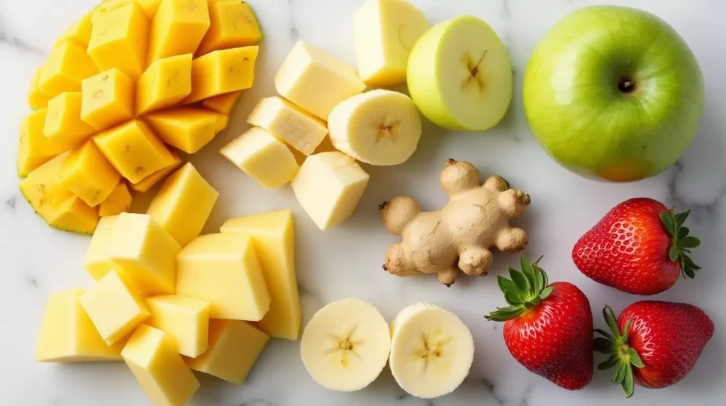Flat lay of mango, banana, pineapple, apple, strawberries, and fresh ginger slices