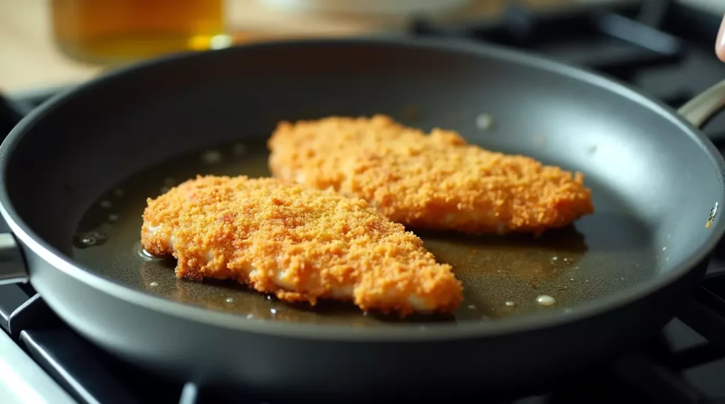 Breaded chicken katsu being fried in a skillet