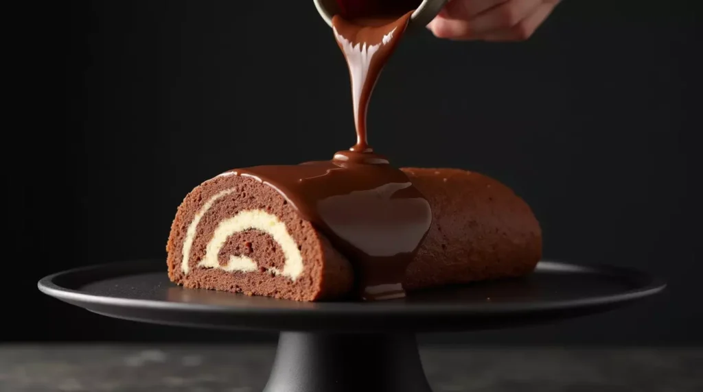 Mocha ganache being poured over a coffee roll cake on a matte pedestal