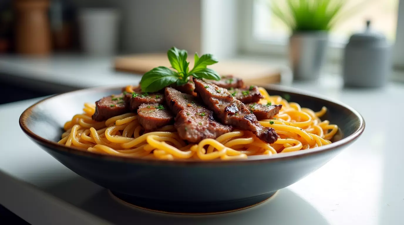 Bowl of garlic butter steak lightning noodles with sliced steak and garlic on a kitchen counter