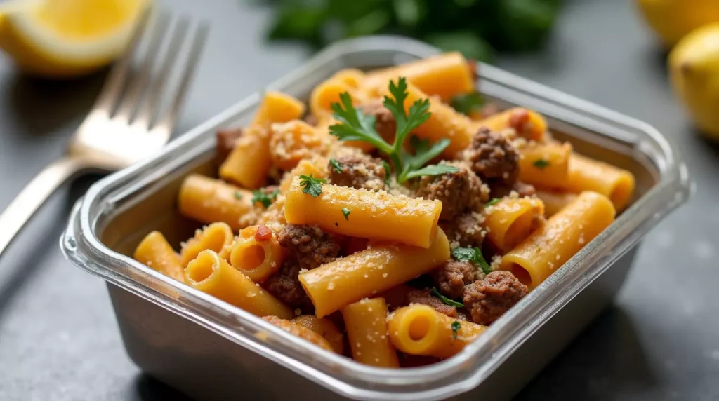 Beef and rotini in garlic parmesan sauce packed in a lunch container with lemon wedge
