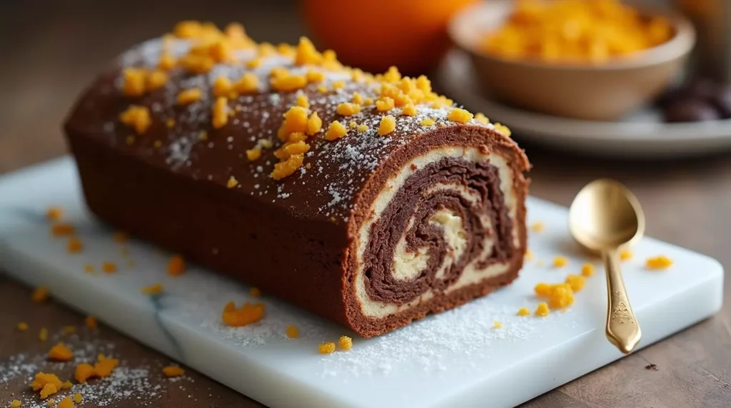 Coffee roll cake garnished with orange zest and chocolate curls on a marble slab
