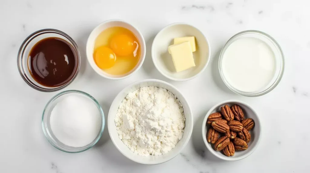Baking ingredients for German chocolate pound cake in bowls