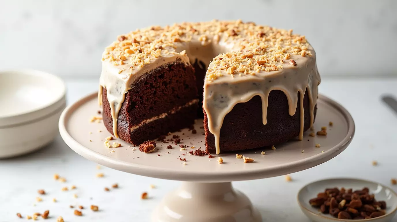 Fully frosted German chocolate pound cake recipe sliced on a cake stand