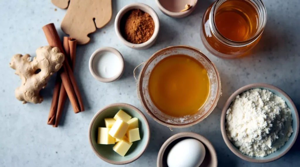 Honey, spices, flour, and butter laid out for gingerbread recipe