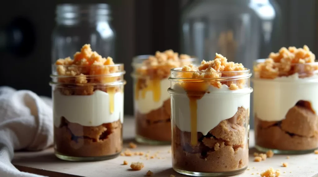 Mini trifle jars layered with gingerbread, whipped cream, and honey