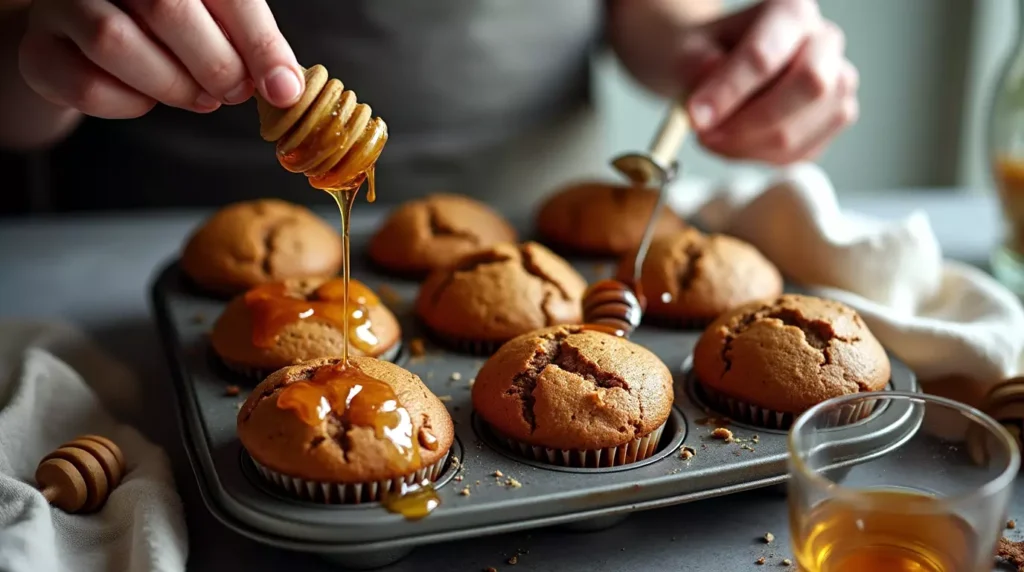 Freshly baked honey gingerbread muffins with honey drizzled on top