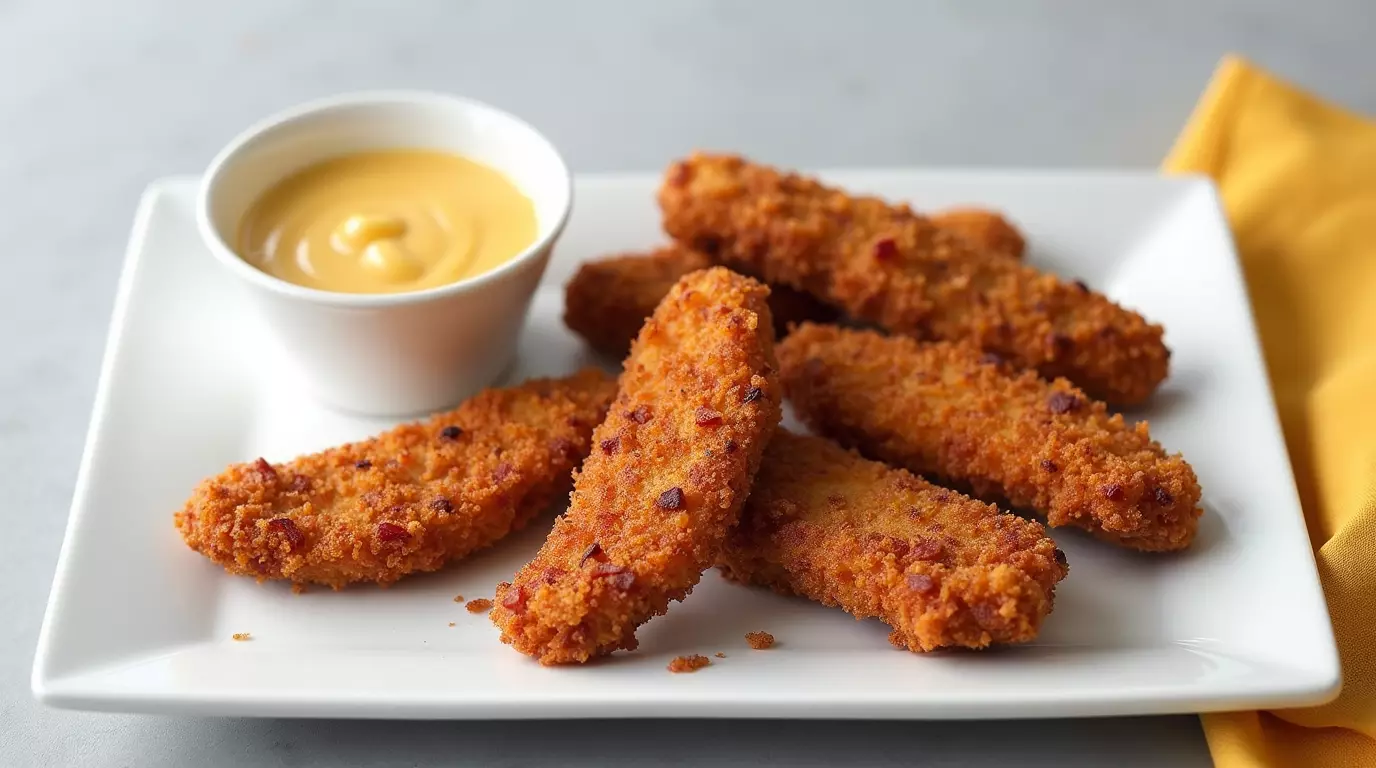 Crispy crack chicken strips with cheese and bacon served on a white rectangular platter